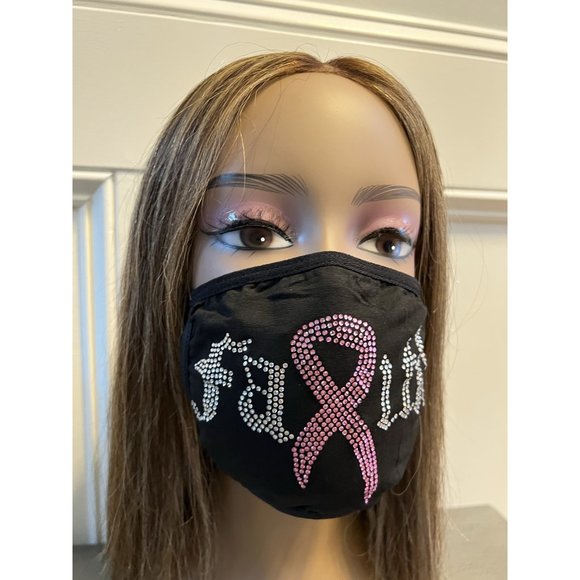 Breast Cancer Awareness Pink Ribbon Bling Face Mask Rhinestone - Picture 6 of 10